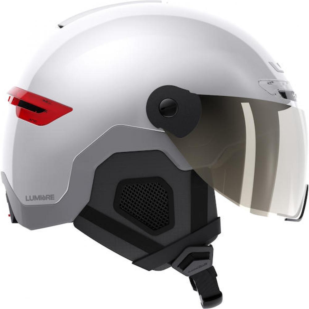Limar Lumiere weißer Urban- und Speed-Pedelec-Helm mit integriertem Visier und rotem Rücklicht.