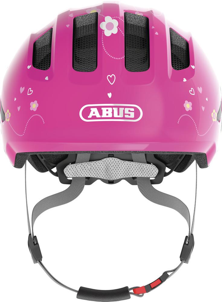 Abus Kinderhelm Smiley 3.0 Pink Butterfly M 50-55cm, pinker Fahrradhelm für Kinder mit Blumenmuster.