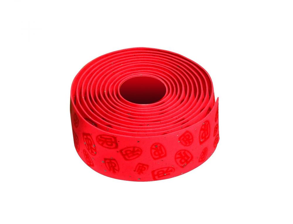 Aufgerolltes rotes Ritchey Comp Kork Lenkerband 180cm 2.00mm für Fahrräder auf weißem Grund.