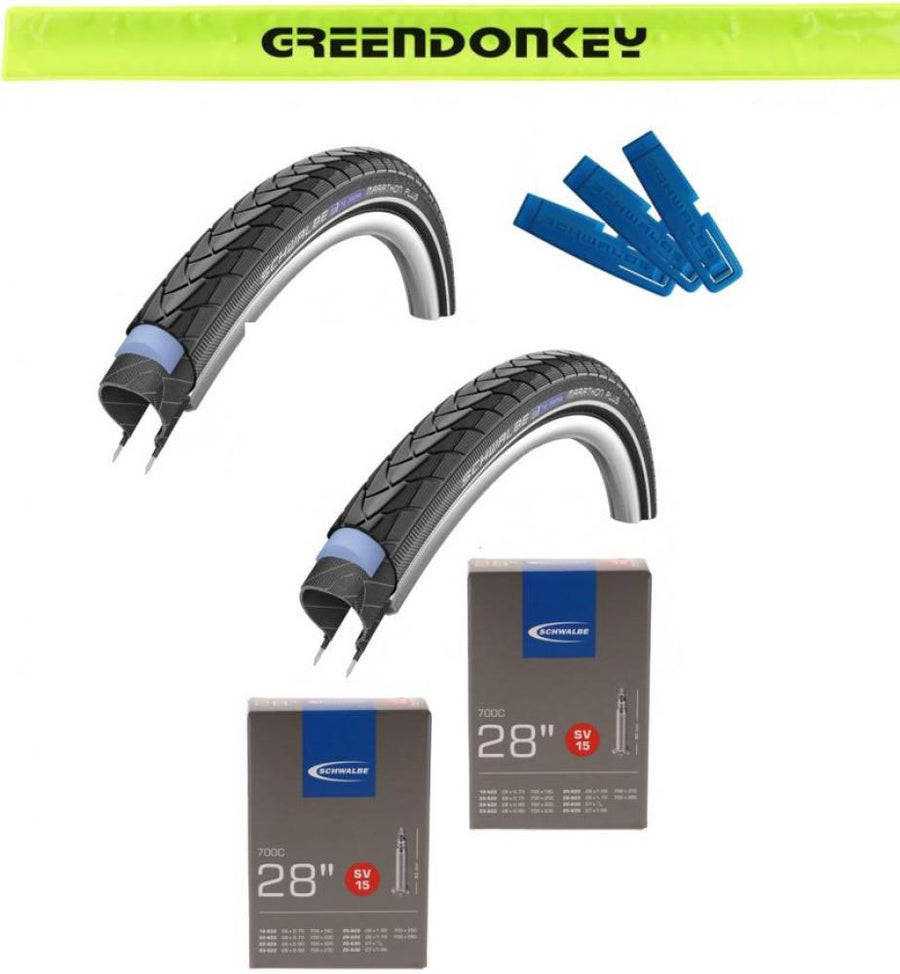 Schwalbe Marathon Plus Reifen 28x1.10, 2x SV15 Schläuche, 1x Reifenheber & Greendonkey Reflexband für Fahrräder.