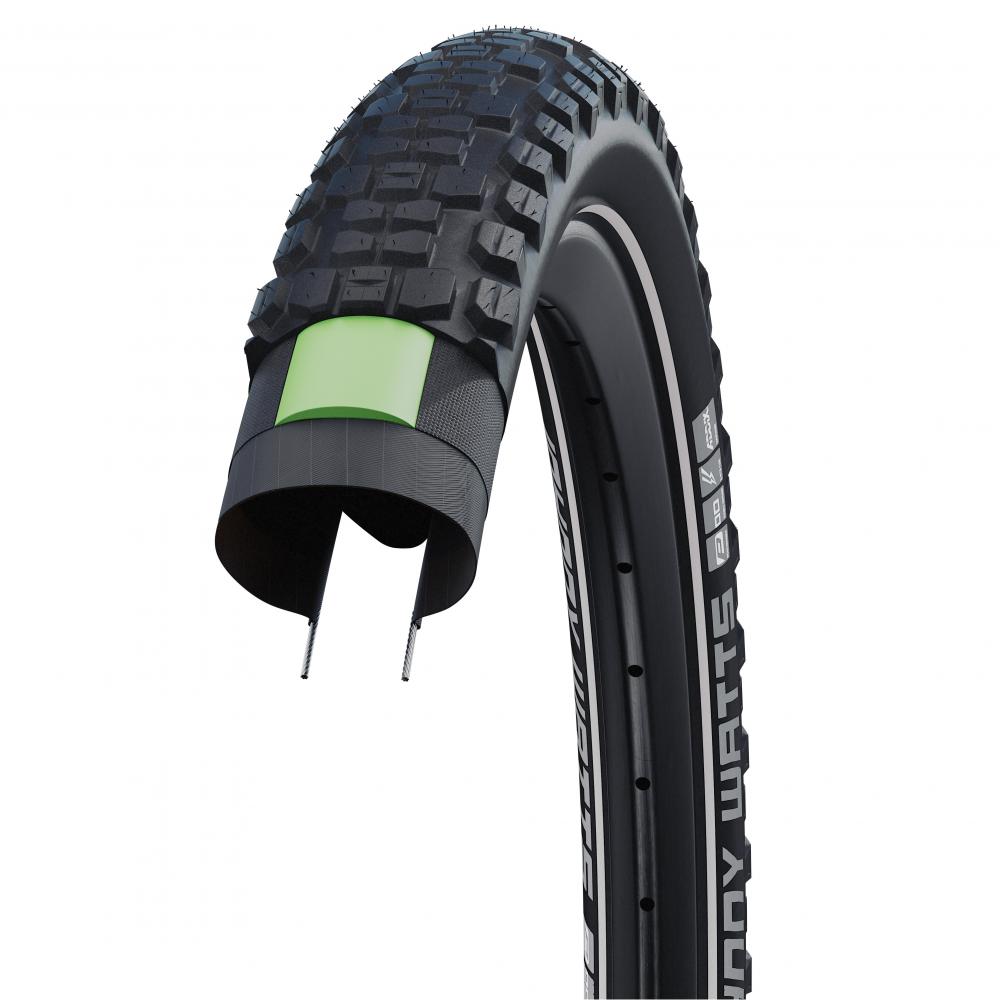 Schwalbe Johnny Watts Fahrradreifen schwarz Reflex 29x2.35 Querschnitt mit grüner Pannenschutzlage und Profil