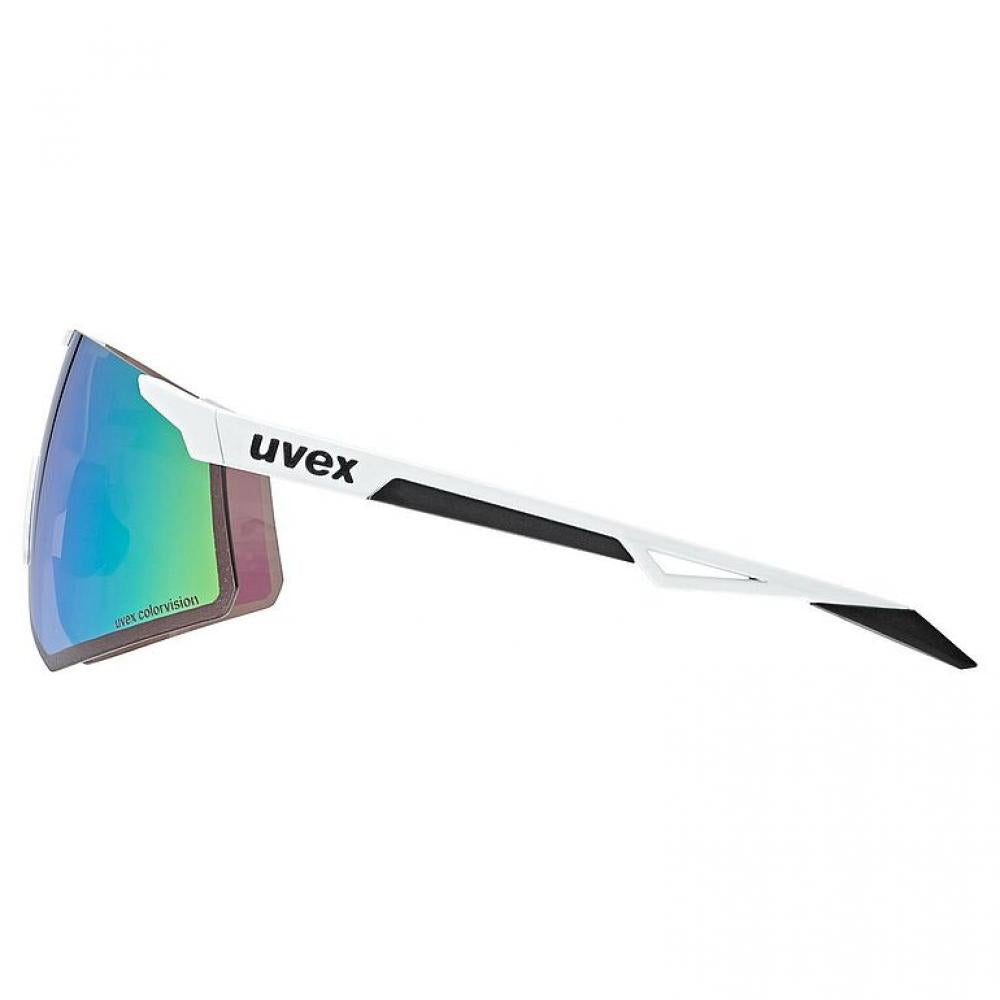uvex Sportbrille pace perform CV white matt glossy green, mit colorvision für kontrastreiche Sicht, verspiegelte Gläser, 100 % UV-Schutz, anti-fog Beschichtung, ideal für Radsport und Running