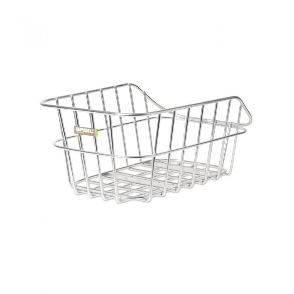 Alufarbener Basil Cento Hinterradkorb aus Aluminium, 45x33x21 cm, stabiler Fahrradkorb für den Gepäckträger.