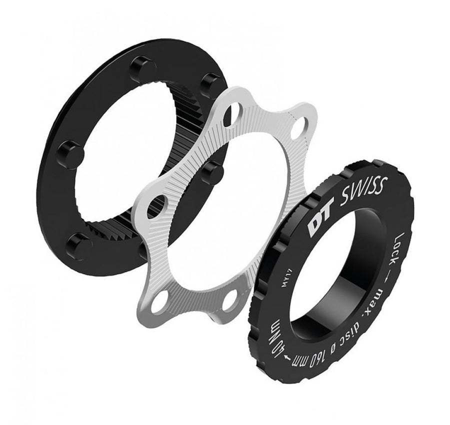 DT Swiss Centerlock auf 6-Loch Adapter, schwarz/silber, zur sicheren Umrüstung von Fahrrad-Scheibenbremsen.