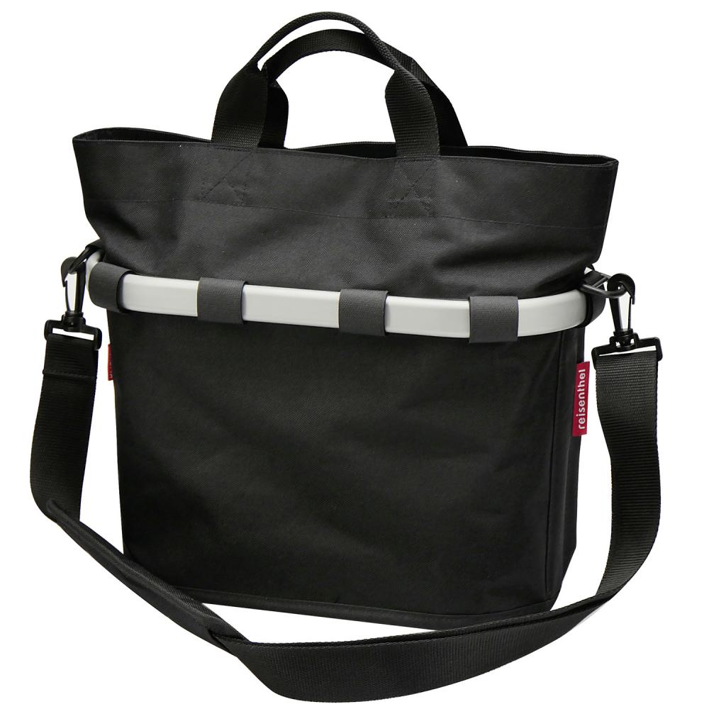 KLICKfix Reisenthel Bikebasket City-Tasche schwarz oval mit Schultergurt und weißem Korb-Rahmen.