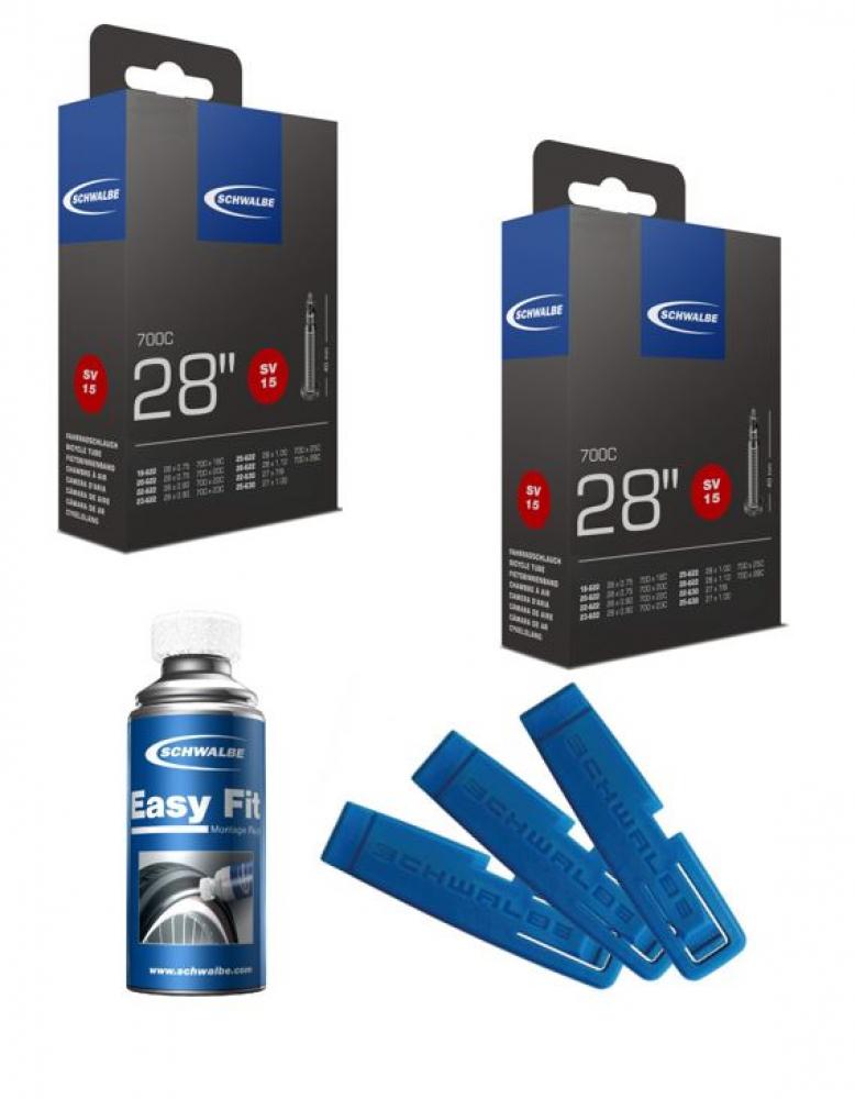 Schwalbe Fahrrad-Set: 2x SV15 Schläuche 28x0.75-1.10" 40mm, Montagefluid 50ml, 3x Reifenheber.