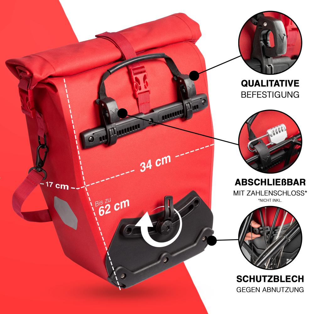 Valkental ValkOcean Koralle Fahrrad-Gepäckträgertasche rot, Maße 34x17x62cm, qualitative Befestigung, abschließbar.
