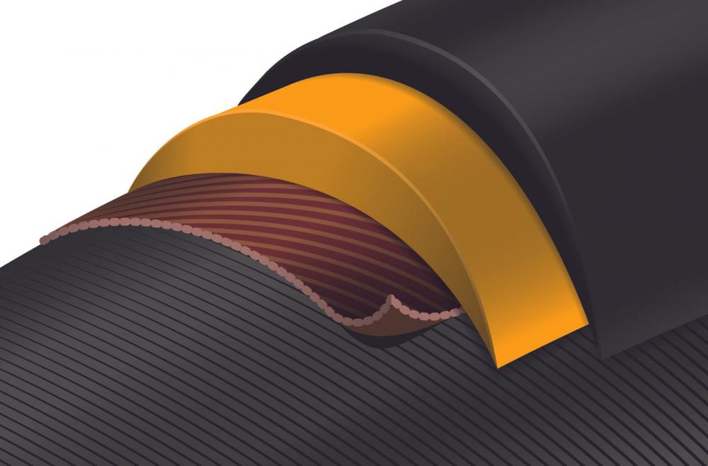 Continental Contact Plus Reifen Schnittbild, schwarzer Drahtreifen mit Pannenschutzschicht und Reflexstreifen.