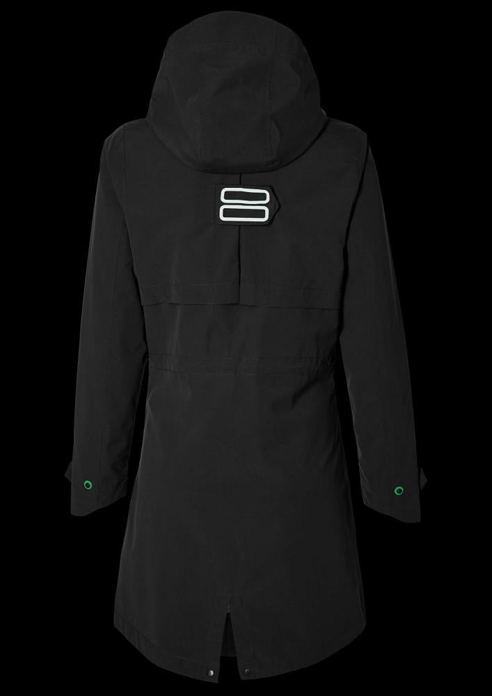 Basil Mosse Damen Regenparka Jet Black XL Rückenansicht mit Kapuze, wasserdicht, atmungsaktiv und Reflektoren.