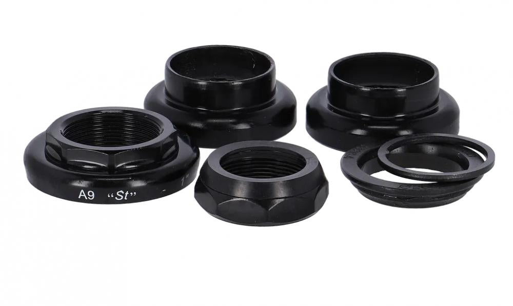 Schwarzer Stronglight Steuersatz A9 Steel 1 Zoll für Gewindegabeln, BSC Gewinde, Stahl-Einzelteile im Set.