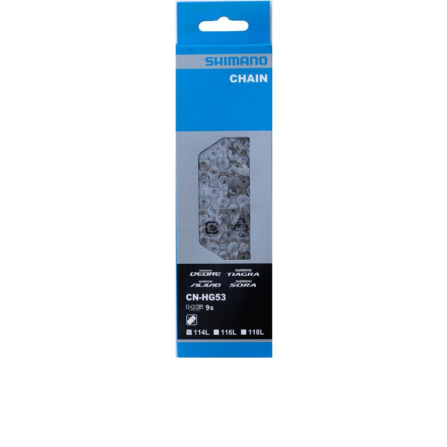 Verpackung der SHIMANO CN-HG53 9-fach Fahrradkette mit 116 Gliedern für 9-fach Schaltungen.