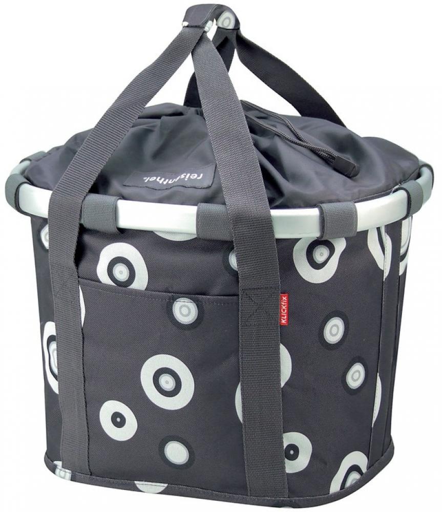 KLICKfix Reisenthel Bikebasket anthrazit mit Kreismuster, silbernem Rahmen und Kordelzug.