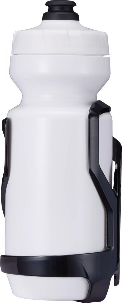 Schwarzer Specialized Zee Cage II Side Loading Flaschenhalter rechts mit weißer Fahrrad-Trinkflasche.