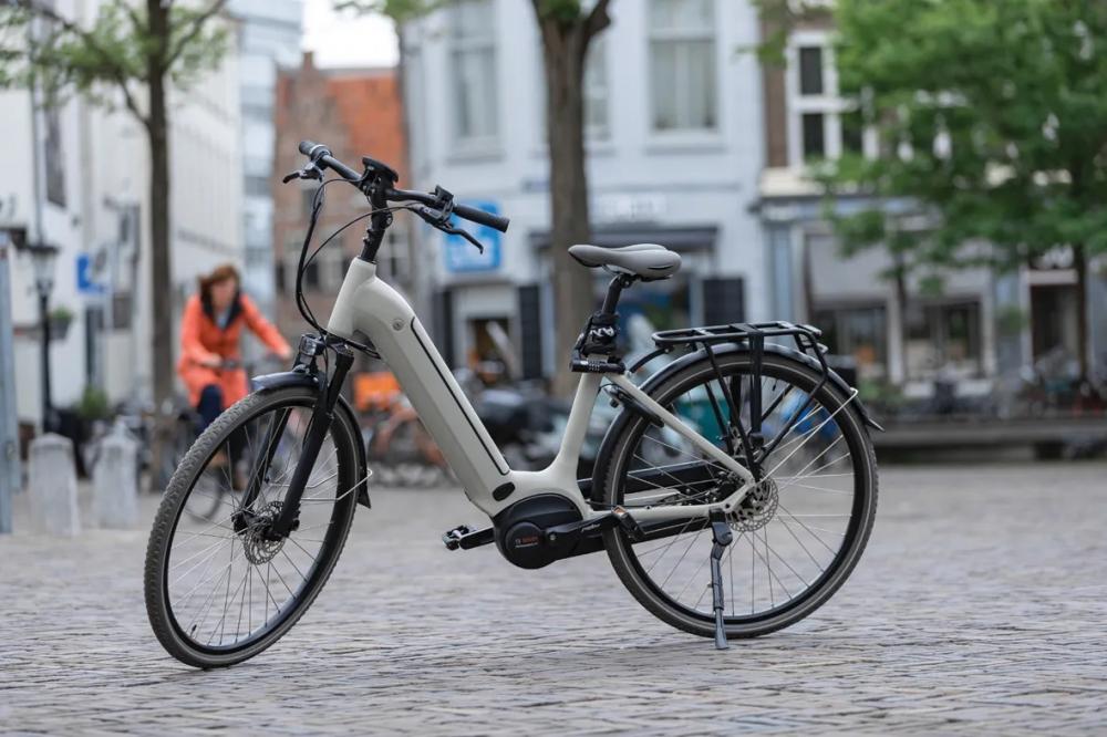 Modernes beiges E-Bike sicher auf Kopfsteinpflaster geparkt. Mit Gepäckträger und Bosch-Motor.