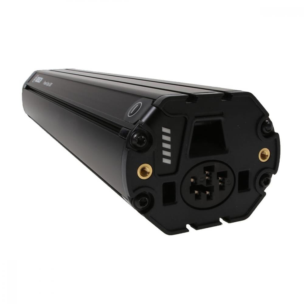 Bosch PowerTube 625 horizontal E-Bike-Akku, schwarz, mit Ladeanzeige und Anschlüssen.