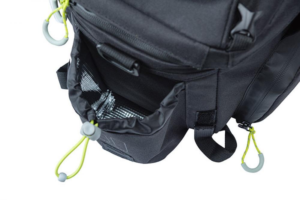 Basil Gepäckträgertasche Miles Trunkbag XL Pro schwarz lime: offene isolierte Seitentasche mit Kordelzug.