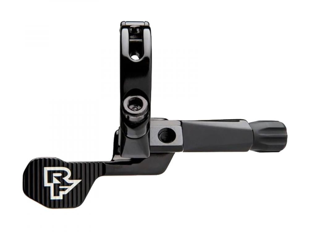 Race Face Turbine R Remote Hebel, schwarz, mit RF-Logo für präzise Dropper-Post-Steuerung.