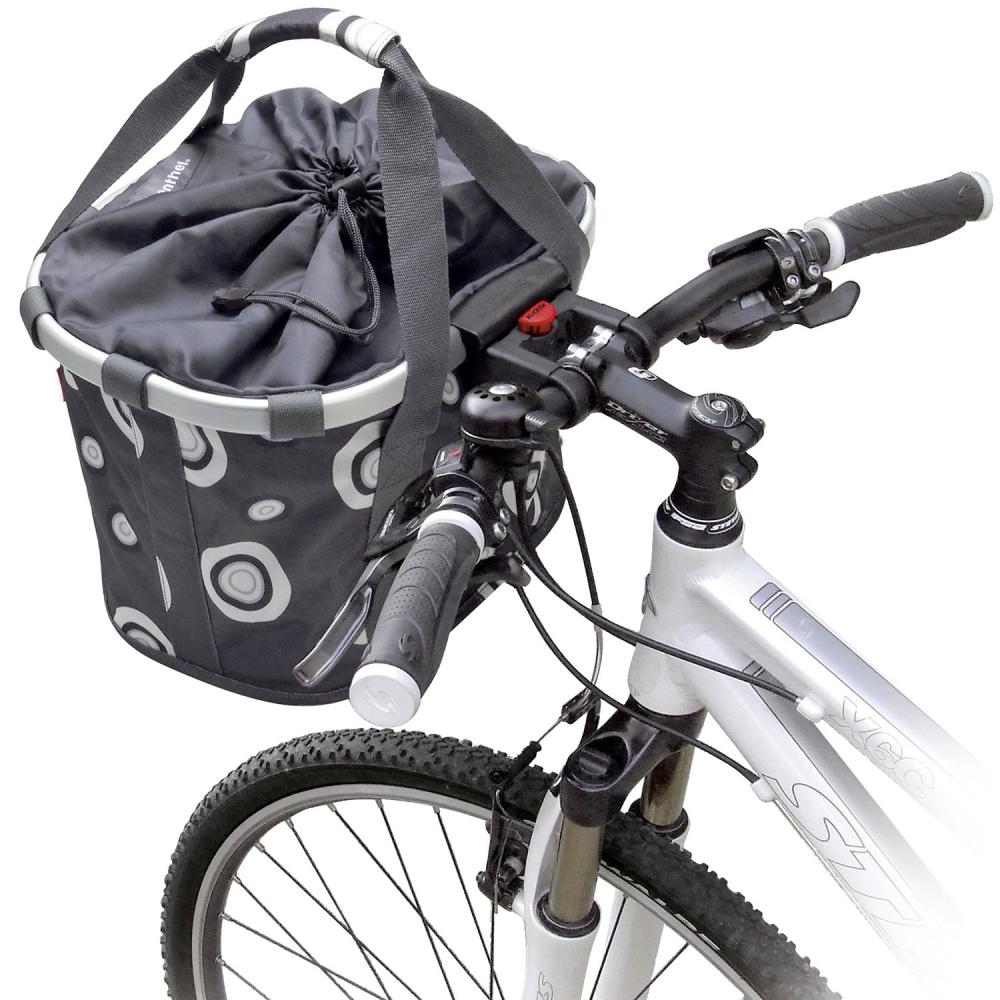KLICKfix Reisenthel Fahrradkorb Fahrradtasche Bikebasket anthrazit am Lenker eines weißen Fahrrads.