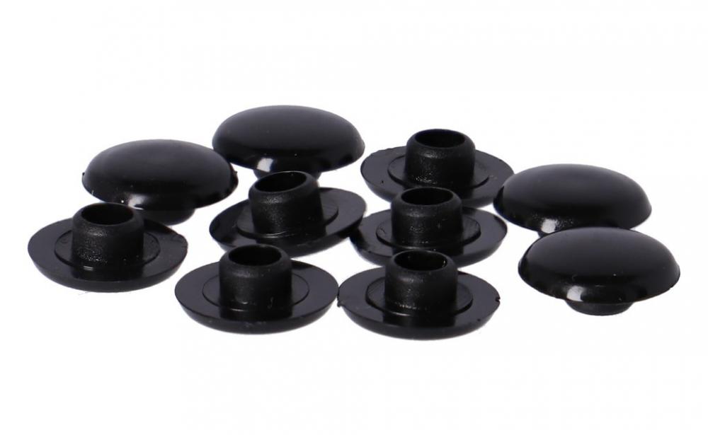 Schwarze Fix-Nippel Abdeckkappen 13x5mm, 10 Stück, für Innensechskant SW 6mm.