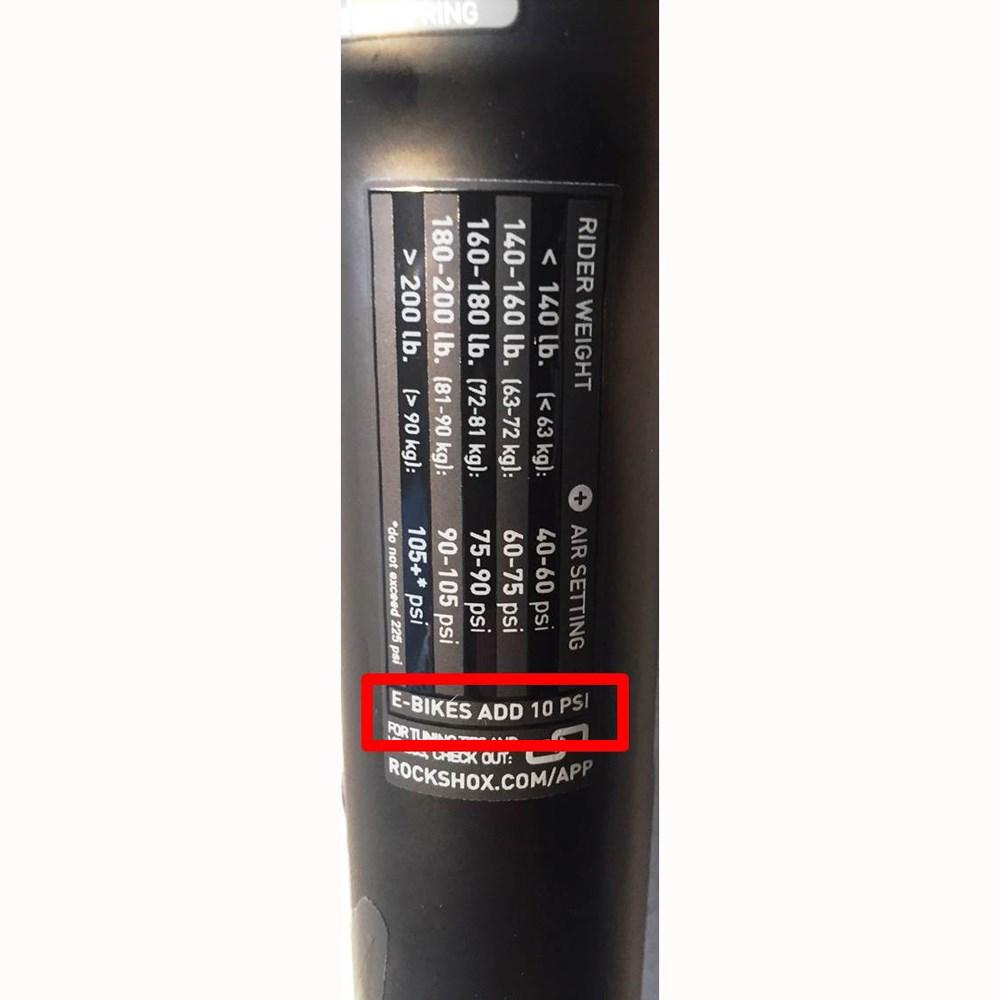 RockShox Federgabel RL Paragon TK Solo-Air: Luftdruck-Einstellungen nach Fahrergewicht, +10 PSI für E-Bikes.