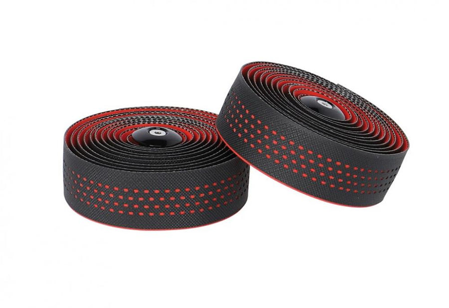 Ergotec Polster-Lenkerbandset San Remo schwarz-rot, 2000x30mm. Perforiertes Fahrradlenkerband auf weiß.