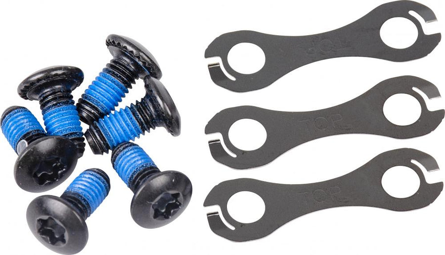 SHIMANO SM-RT76 Bremsscheibenschrauben 6-Loch mit Schraubensicherung und Werkzeug für sicheren Halt.