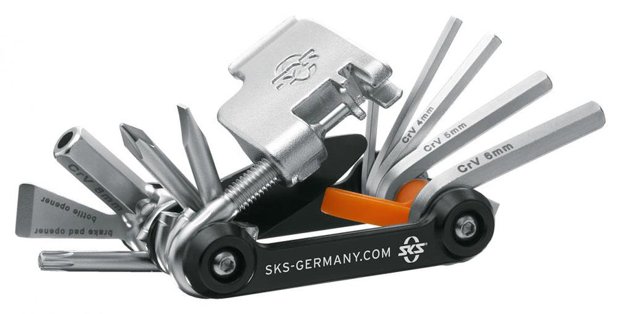 SKS Minitool TOM 18: Kompaktes Fahrrad-Multitool mit 18 Funktionen, inklusive Kettennieter, Reifenheber und Neoprentasche
