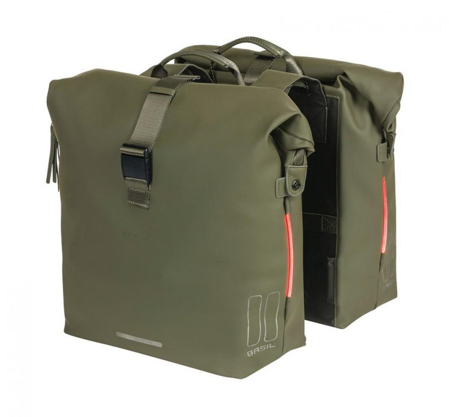 Basil Doppelpacktasche SoHo Nordlicht moosgrün mit roten LED-Lichtstreifen.