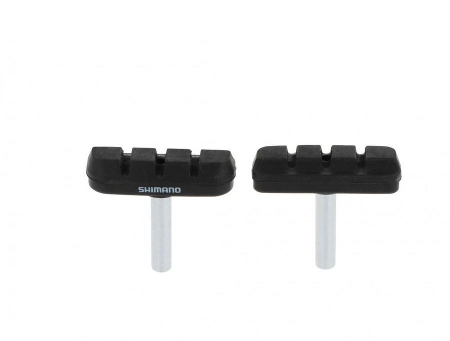 Zwei schwarze Shimano BR-CT91 Cantilever Bremsschuhe für mechanische Felgenbremsen mit silbernen Befestigungsbolzen.