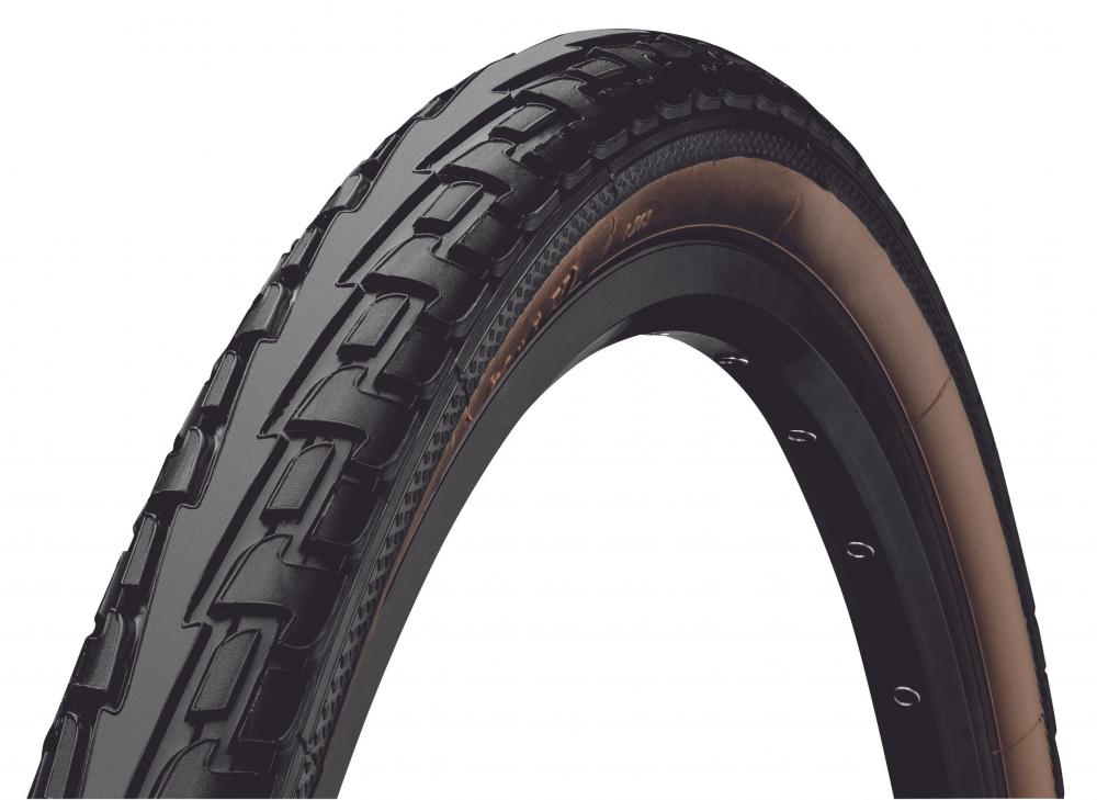 Continental Conti RideTour E-25 Fahrradreifen 28x1.75 47-622 schwarz/braun mit Profil auf weißem Hintergrund.
