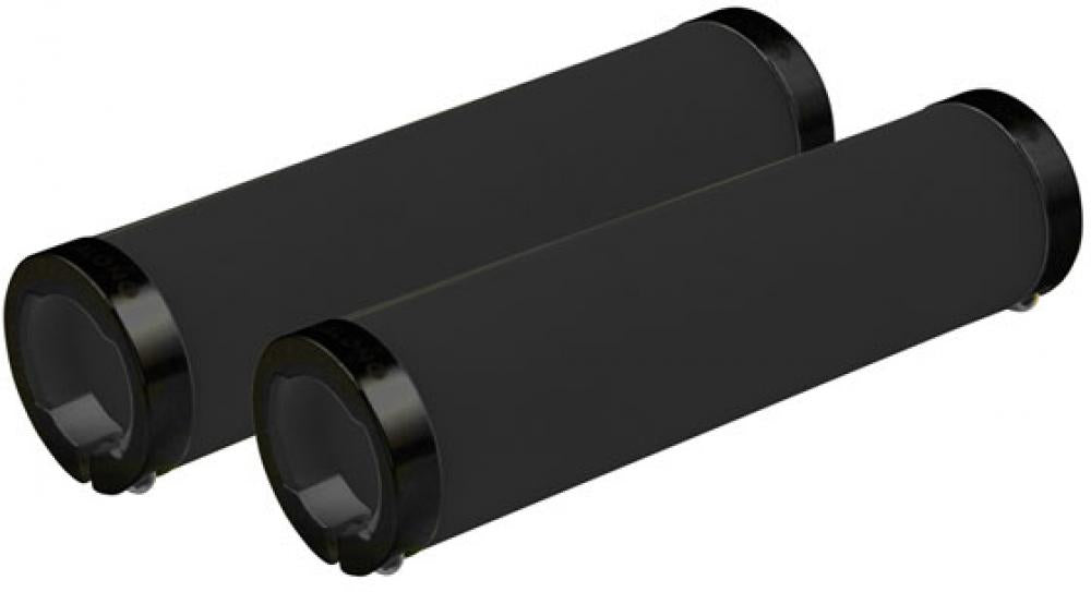 Zwei schwarze Longus Fluo Fahrradgriffe für Standard-Lenkerdurchmesser mit sicherem, rutschfestem Halt.