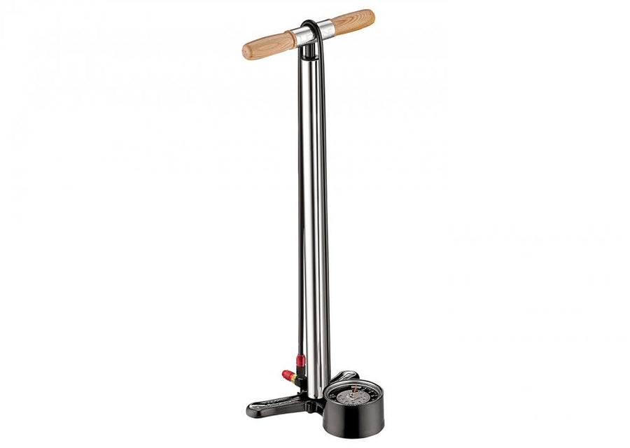 LEZYNE, Pumpen, High End Standpumpe, ALLOY FLOOR DRIVE, silber glänzend, Aluminium, Stahlkolben u. zylinder, Holzgriff, ABS 1 PRO Chuck Ventilaufsatz ermöglicht verlustfreies Aufpumpen von Schrader und Prestaventilen, 3,5 Analoganzeige, SV / AV, 220psi