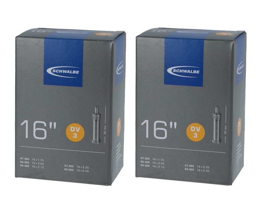 Zwei Schwalbe DV3 Fahrradschläuche 16 Zoll (47/62-305) mit 32mm Dunlop-Ventil in Originalverpackung.