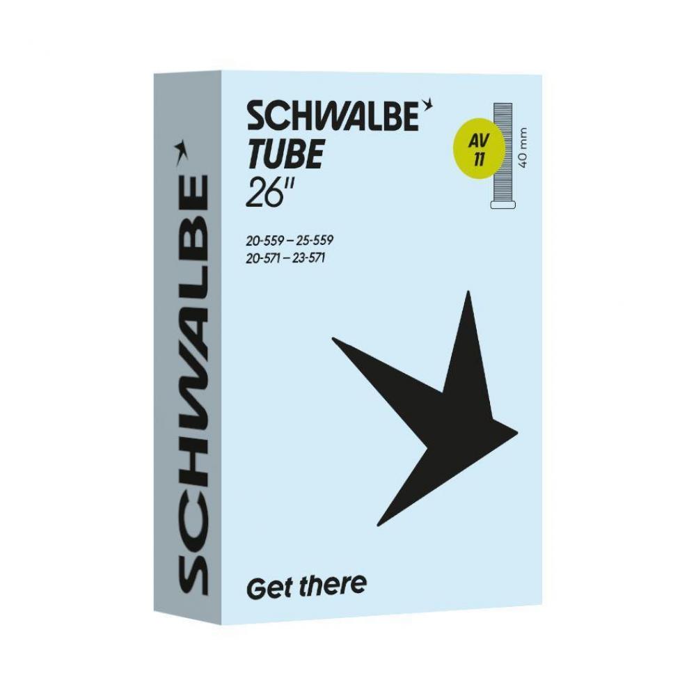 Schwalbe Schlauch AV11 für 26 Zoll Reifen mit 40 mm Autoventil in hellblauer Originalverpackung.