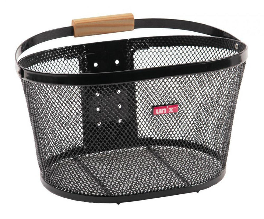 Unix Vorderradkorb Bernardo, schwarz, 38x27x22 cm, Metall mit Holzgriff, 15 Liter Volumen, 10 kg Traglast, Klickfix-kompatibel, stabil & stilvoll
