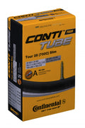 Continental Fahrradschlauch Tour 28 (700C) Slim S42, 28-37/622, in gelber Box mit Schlauch und Presta Ventil.