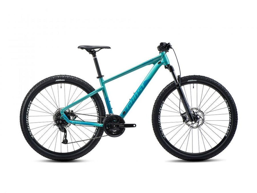 Blaugrünes GHOST Kato Universal 29 AL Mountainbike, glänzend, in Größe XL.