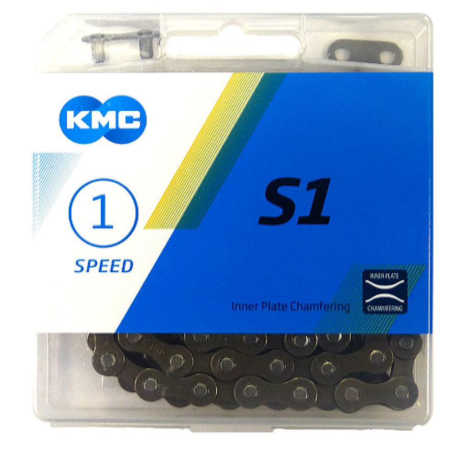 Robuste KMC S1 Wide 1-fach Singlespeed-Fahrradkette in Braun mit 112 Gliedern in der Originalverpackung.