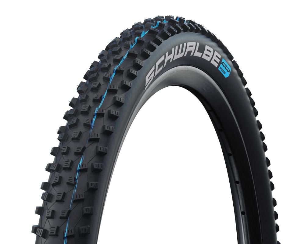 Schwalbe Rocket Ron 27.5x2.60" faltbarer MTB Reifen schwarz mit blauer ADDIX Speedgrip Beschriftung.
