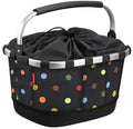 KLICKfix Fahrradkorb Carrybag GT dots für Racktime, schwarz mit bunten Punkten und Zugverschluss.