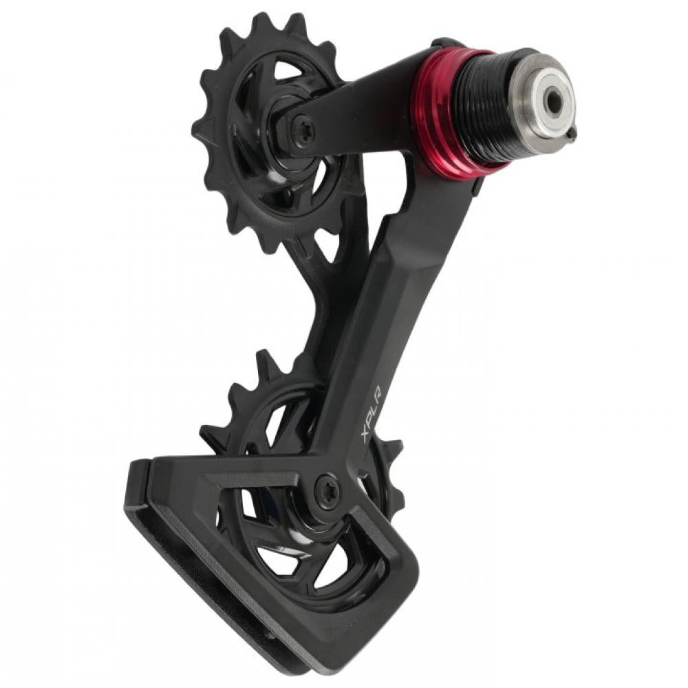 SRAM Rival XPLR E1 Schaltwerk Käfig-Kit in Schwarz mit zwei Schaltröllchen und roten Akzenten.