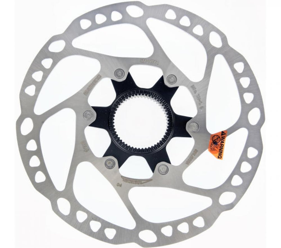 SHIMANO SM-RT64 160mm Center Lock Bremsscheibe, silber, mit schwarzer Innenverzahnung und Verschlussring.
