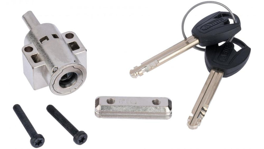 Abus Bosch XPlus Schließzylinder mit zwei Schlüsseln und Befestigungsmaterial für PowerTube Akkus, sicheres Akkuschloss.