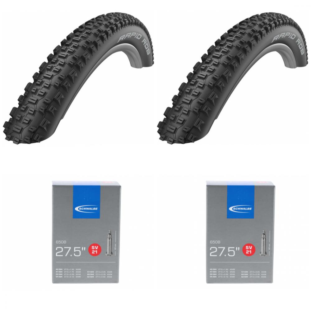 Set: 2 Schwalbe Rapid Rob 27.5x2.25 Drahtreifen & 2 Schwalbe SV21 Schläuche für MTB 27.5 Zoll/650B