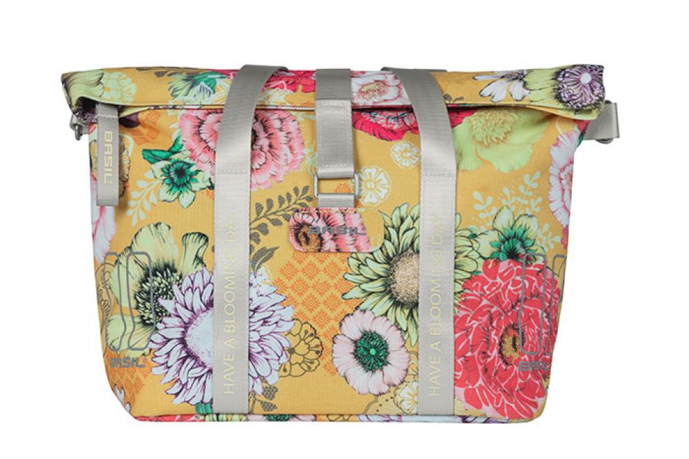 Basil Fahrrad-Schultertasche Bloom Field honiggelb mit Blumenmuster und KF-Haken.