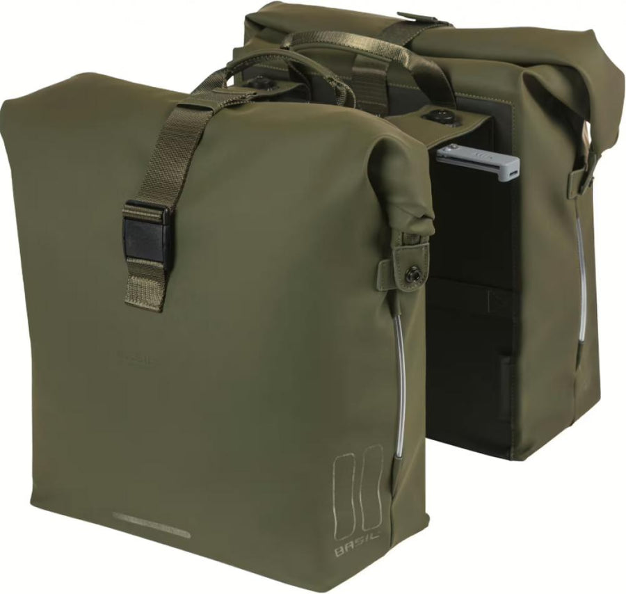 Basil Soho Nordlicht MIK 2.0 Doppeltasche in Olivgrün, wasserdicht mit Rolltop und LED-Nordlicht.