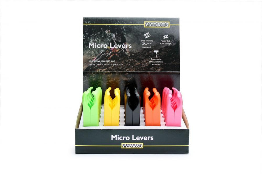 Pedro's Micro Lever Reifenheber Thekendisplay, 25 Paar. Robuste, kompakte Reifenheber in verschiedenen Farben mit Ventil- & K