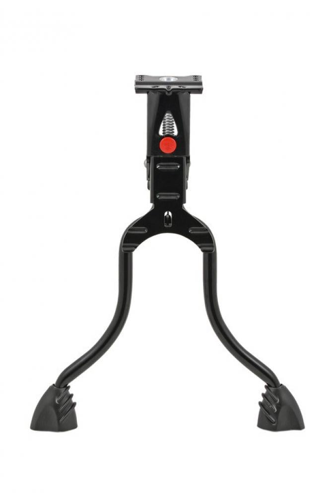 Schwarzer Hebie REX Zweibeinständer für Fahrräder 26-28 Zoll, 29cm Länge, mit rotem Knopf.