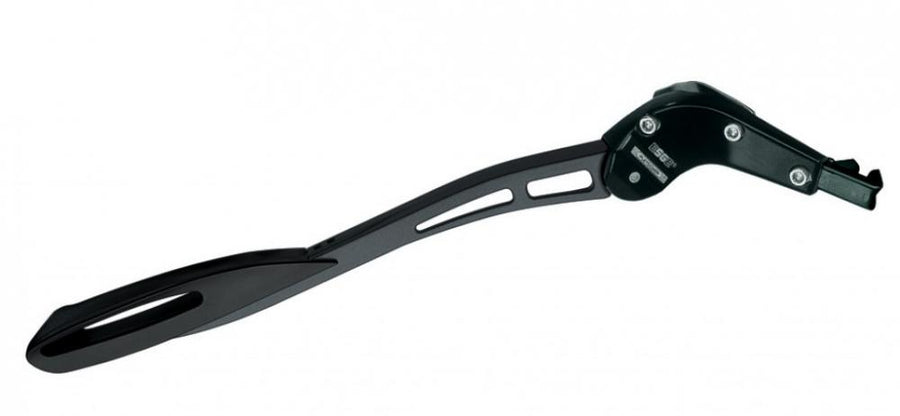 Schwarzer Pletscher Multi Zoom Hinterbauständer, verstellbarer Aluminium-Fahrradständer für 26-28 Zoll Fahrräder.