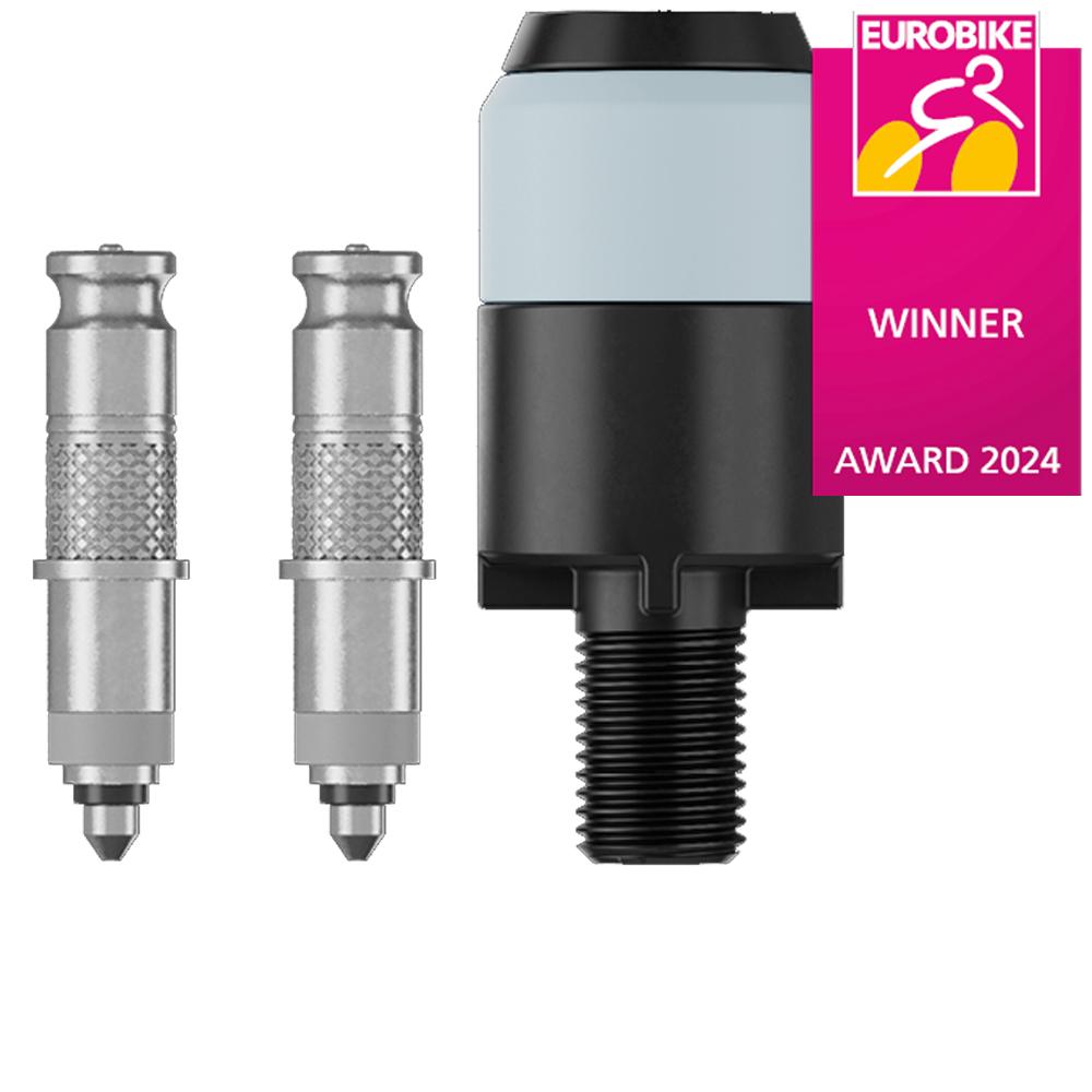 Schwalbe CLIK VALVE DV-SCV Umrüstset mit zwei silbernen Ventileinsätzen und schwarzem Klick-Adapter.